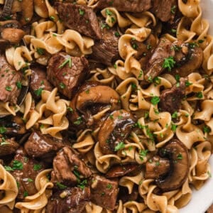 Beef and noodles with mushrooms in a white bowl