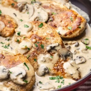 Chicken with boursin cheese in a skillet