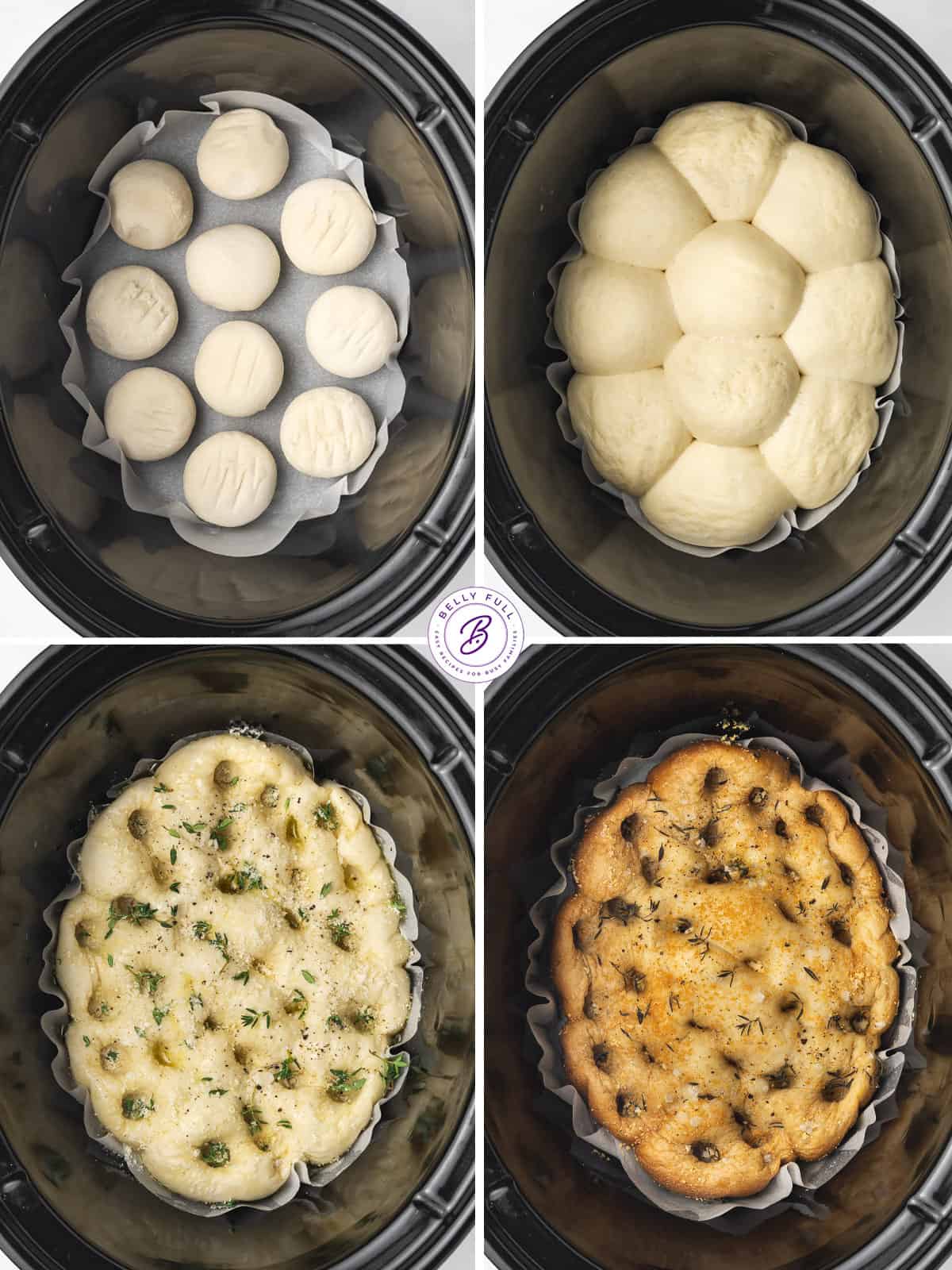 Process shots of how to make crockpot focaccia