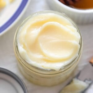 overhead whipped honey butter in glass jar