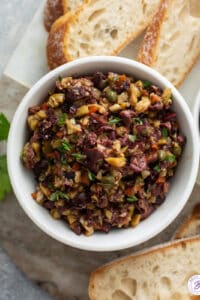 overhead image of olive tapenade in bowl