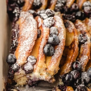 close up slice of blueberry pancake casserole