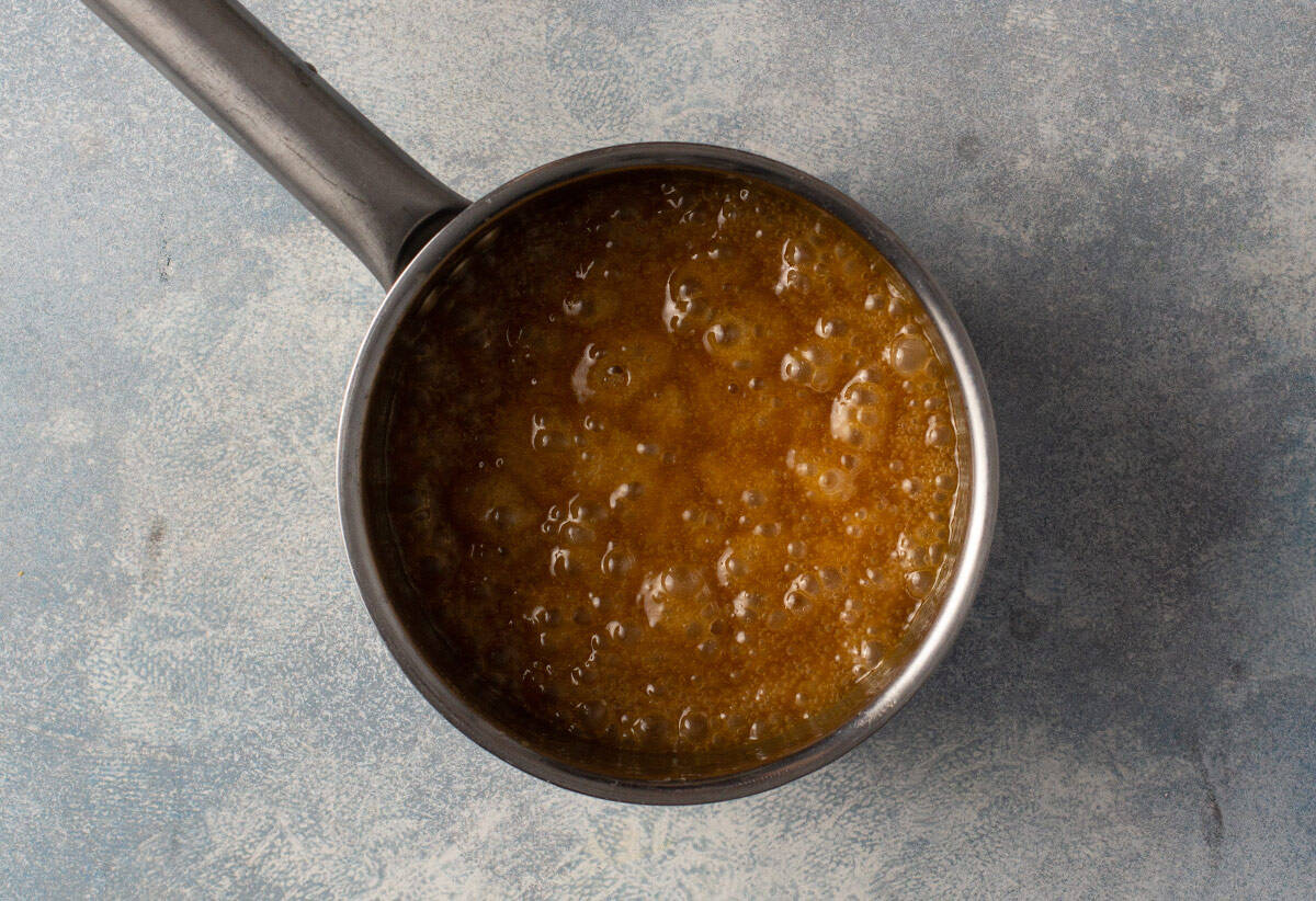 bubbling toffee mixture in pot