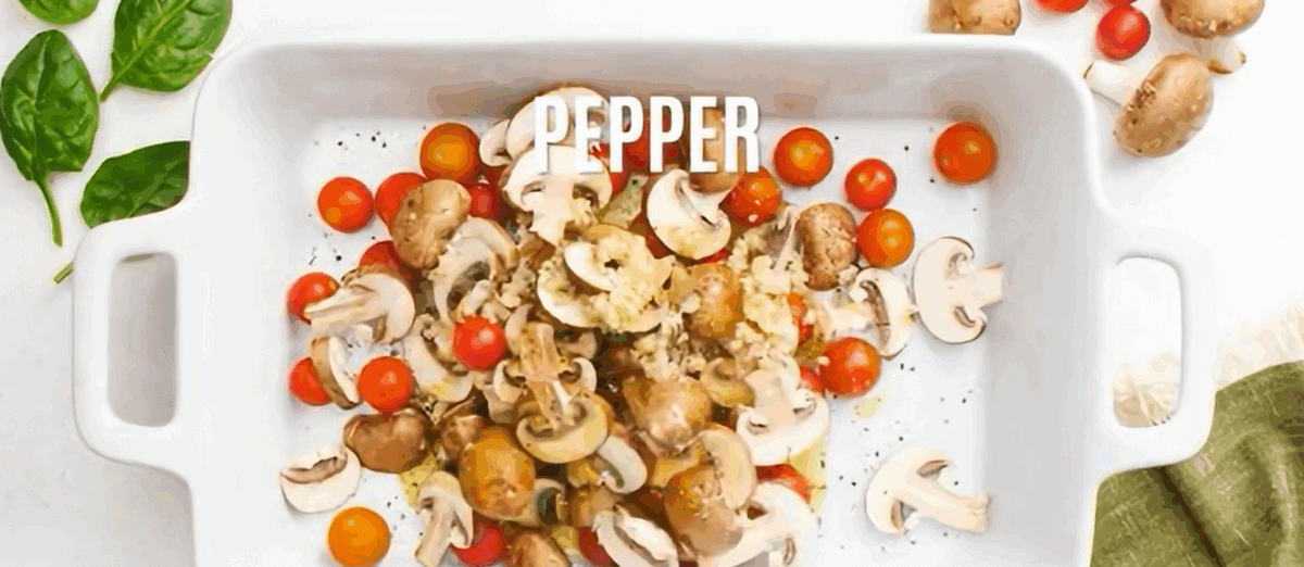 Veggies for Boursin pasta in a white baking dish.