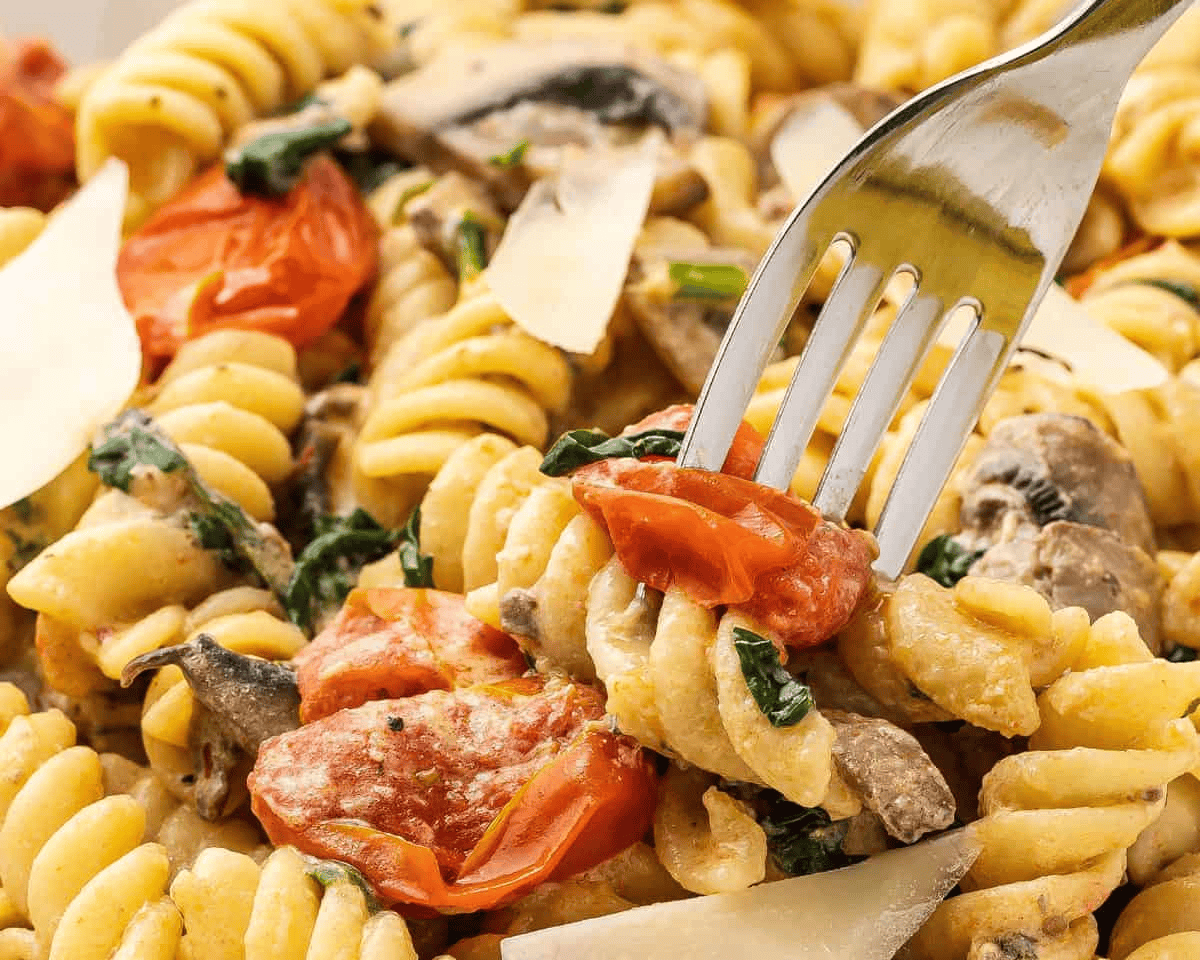 Boursin cheese pasta with a fork and shaved Parmesan.