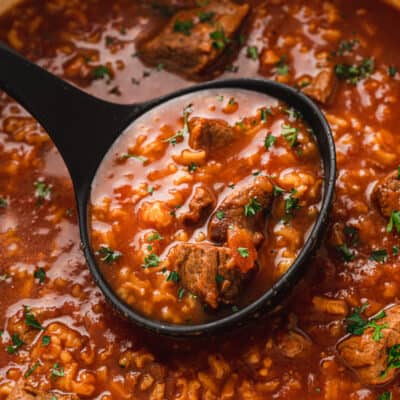 A ladle of tomato and rice soup over a pot of soup