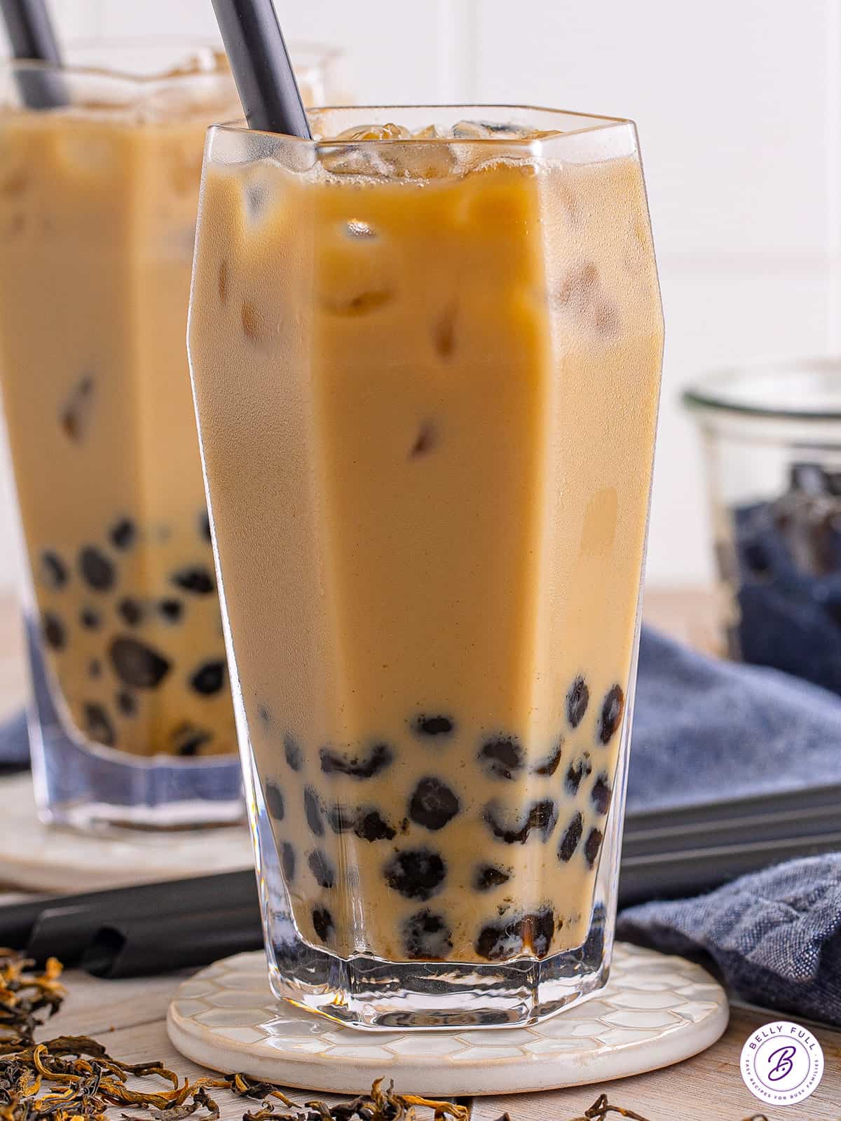 boba tea in glass with straw