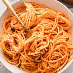 Overhead view of a bowl of gochujang cream pasta