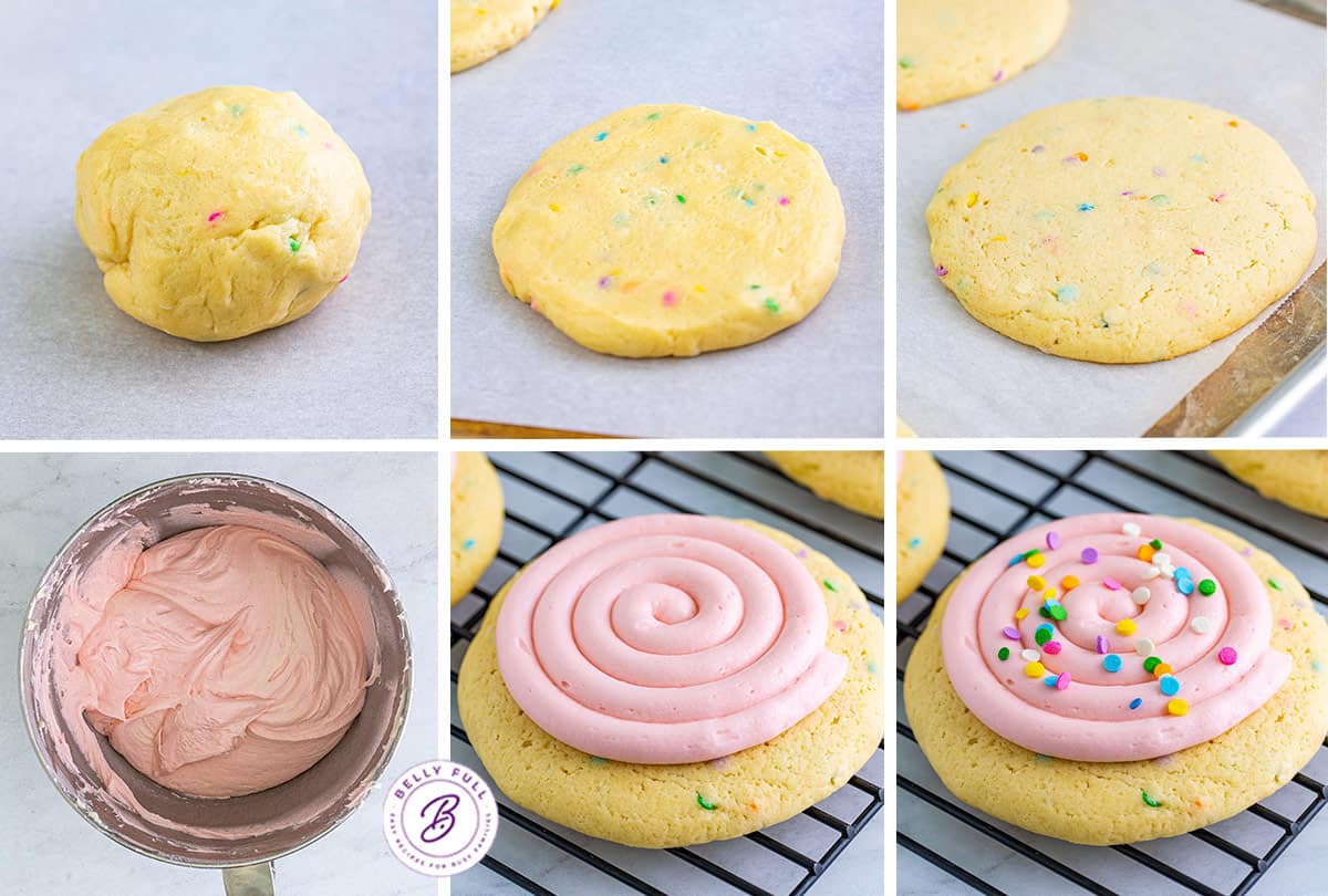 Process shots of how to make Crumbl confetti cookies