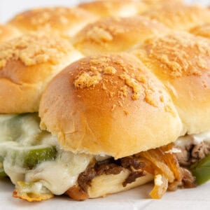 close up philly cheesesteak slider