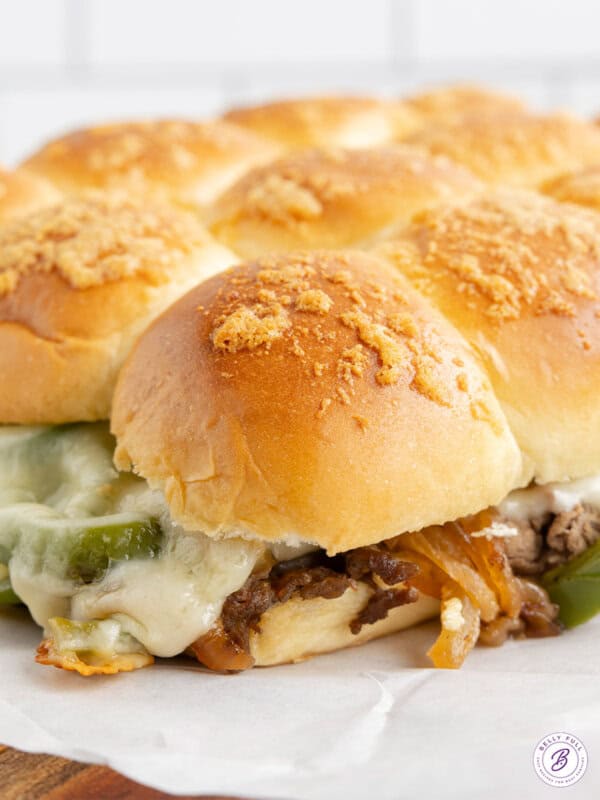 close up philly cheesesteak slider
