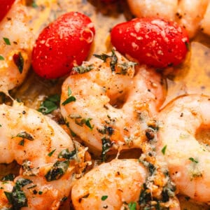 Close up of parmesan garlic shrimp on a sheet pan