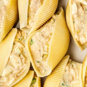 Overhead view of tuna stuffed shells