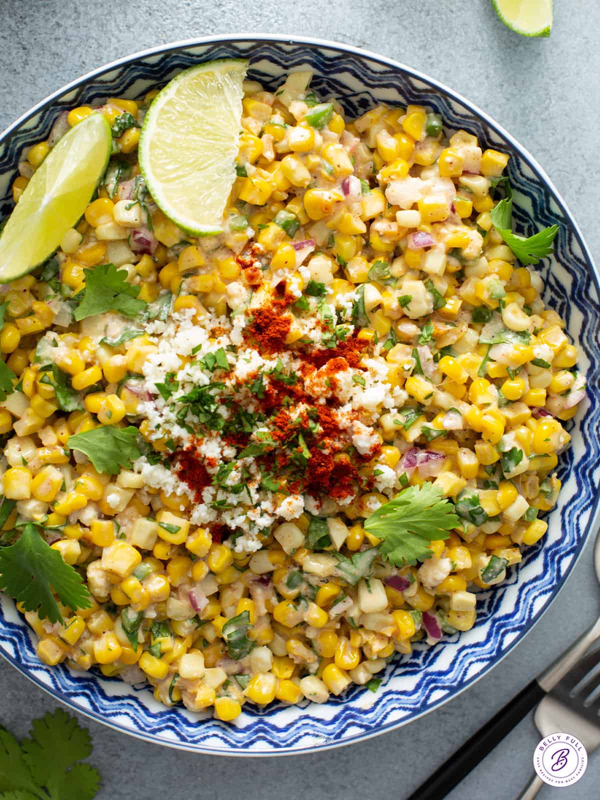 overhead close up view of Mexican Street Corn Salad (Esquites)