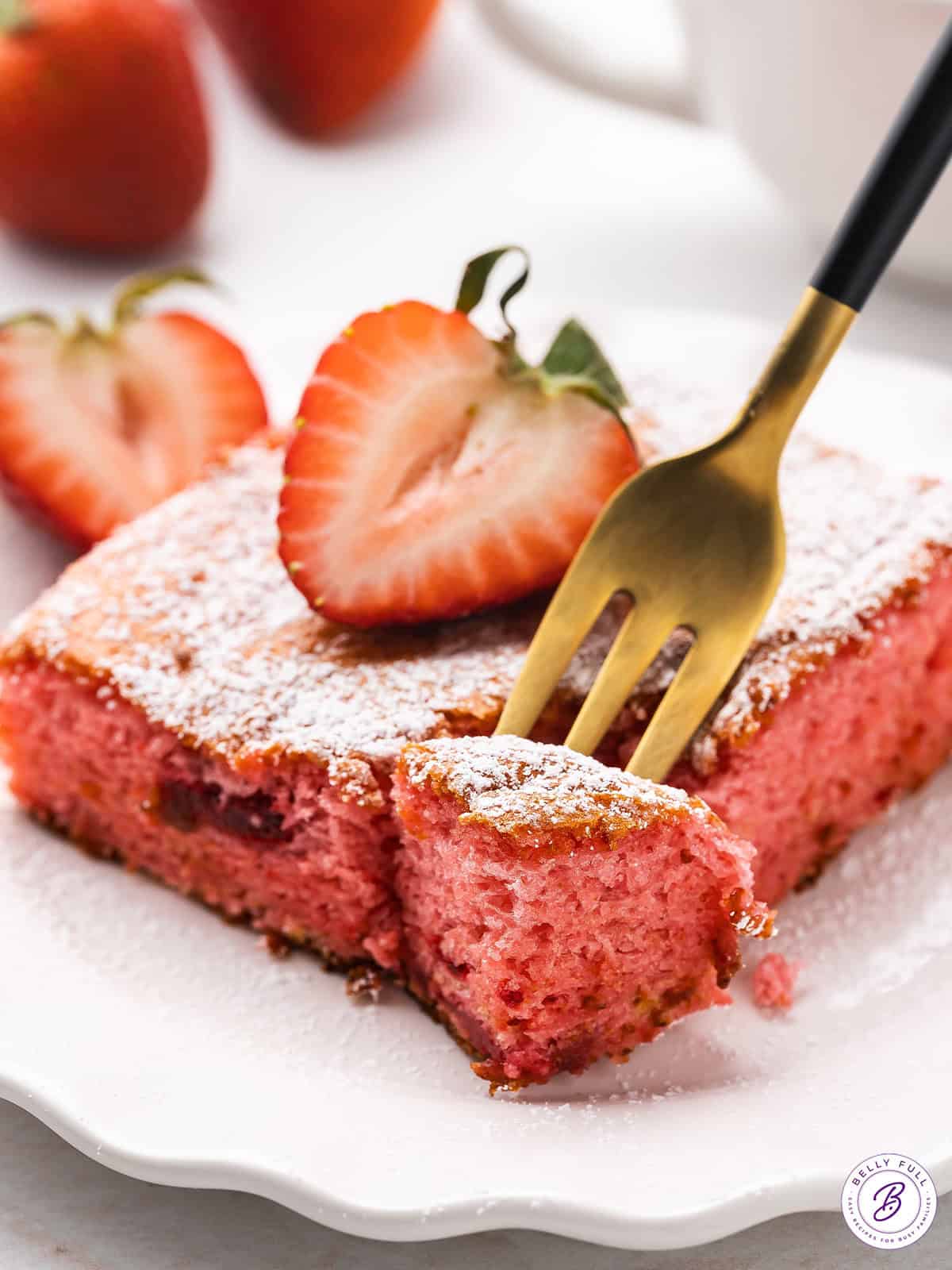 bite of strawberry cake on fork