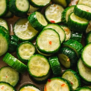close up sliced marinated cucumbers