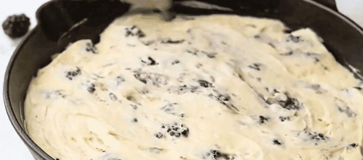 Blackberry cake batter in the skillet.