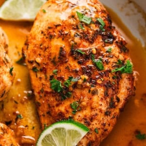 Overhead view of a lime garlic chicken breast