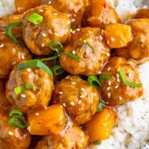 Asian pork meatballs on a bed of rice