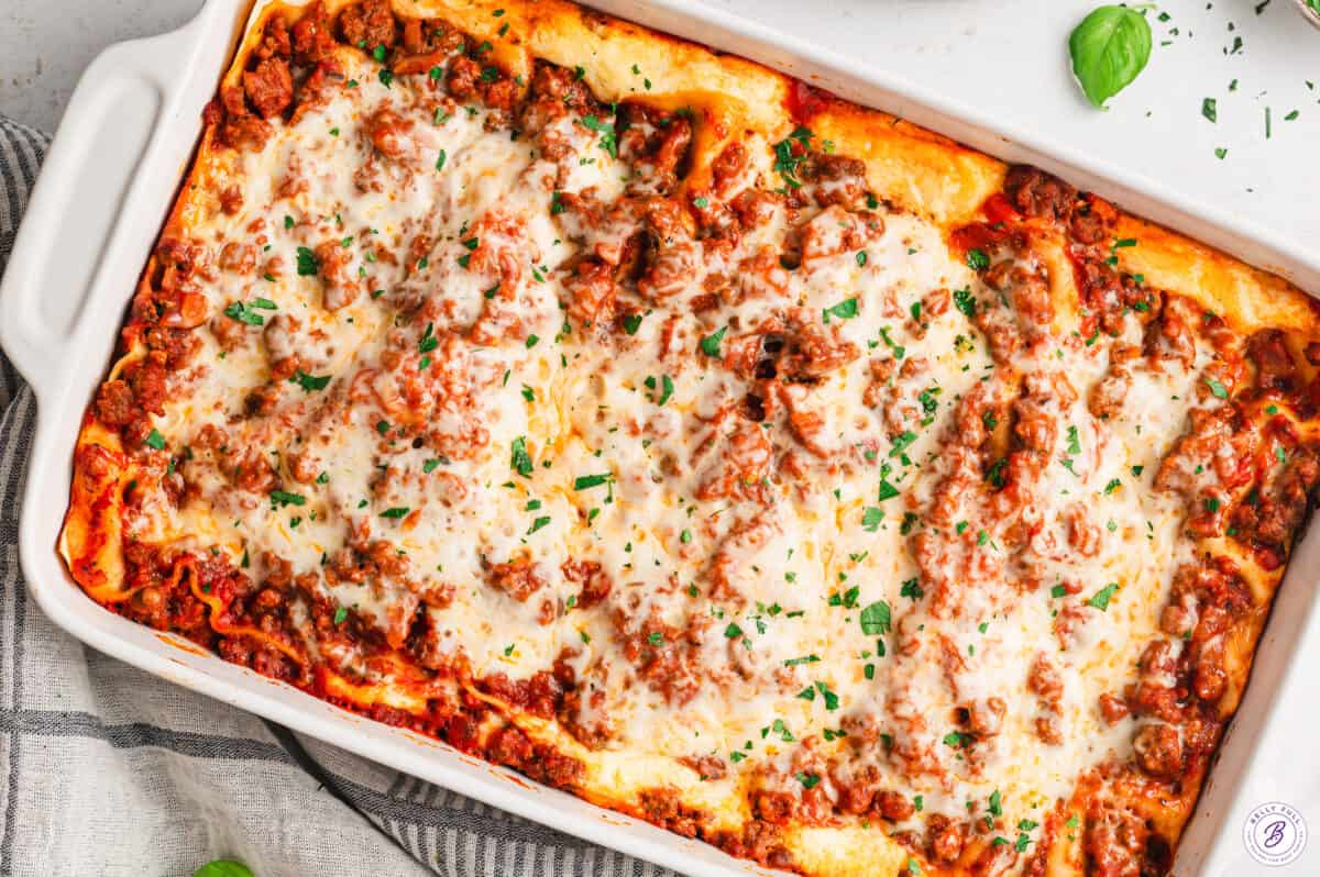 overhead baked lasagna in casserole dish