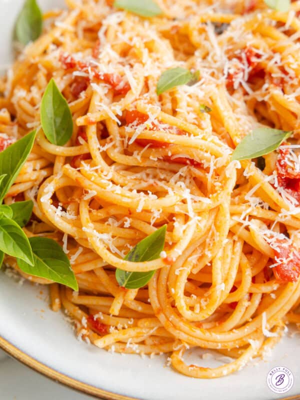Overhead image of pasta pomodoro in a bowl.