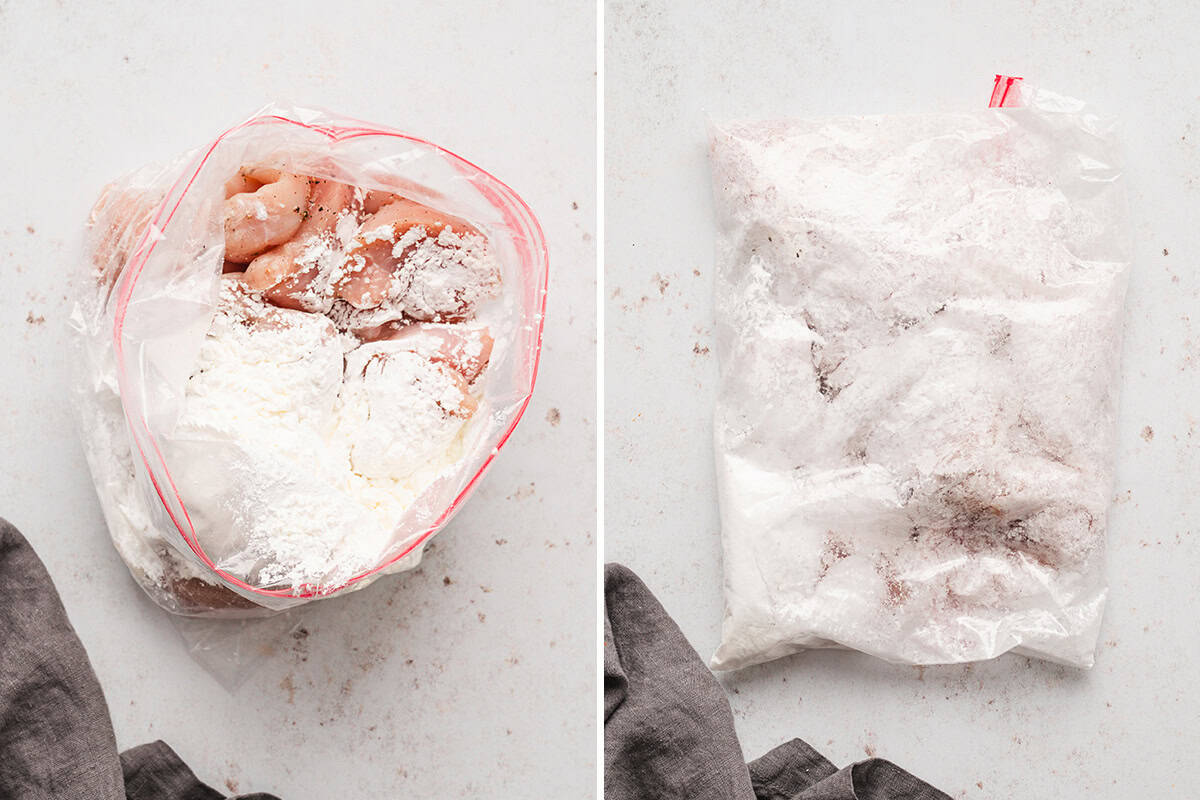 Coating the chicken in cornstarch.