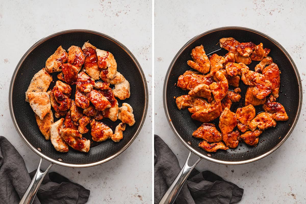 Cooking the chicken in a skillet with the sauce. 