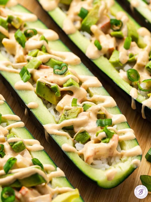 Close up of cucumber sushi boats