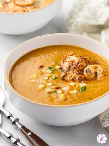 Bowl of Gazpacho soup with Grilled Shrimp