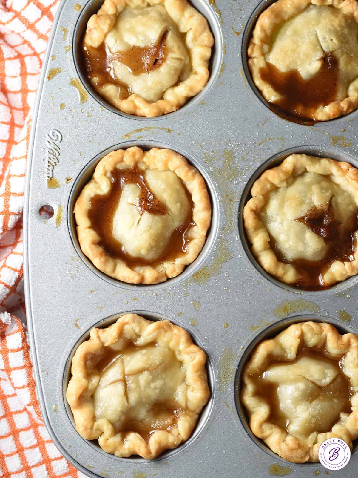 overhead mini peach pies baked in mini muffin tin