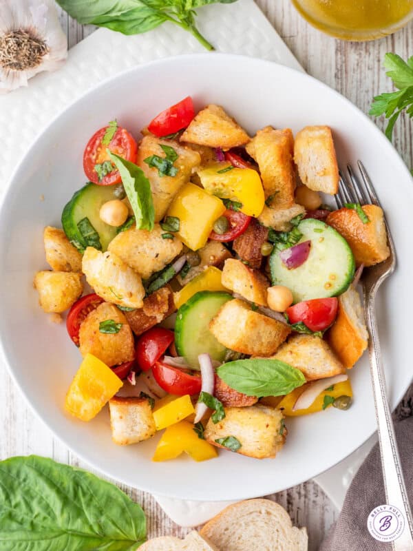 overhead Panzanella salad in bowl with fork