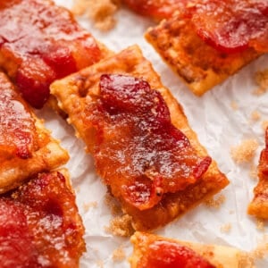 Close up of candied bacon crackers