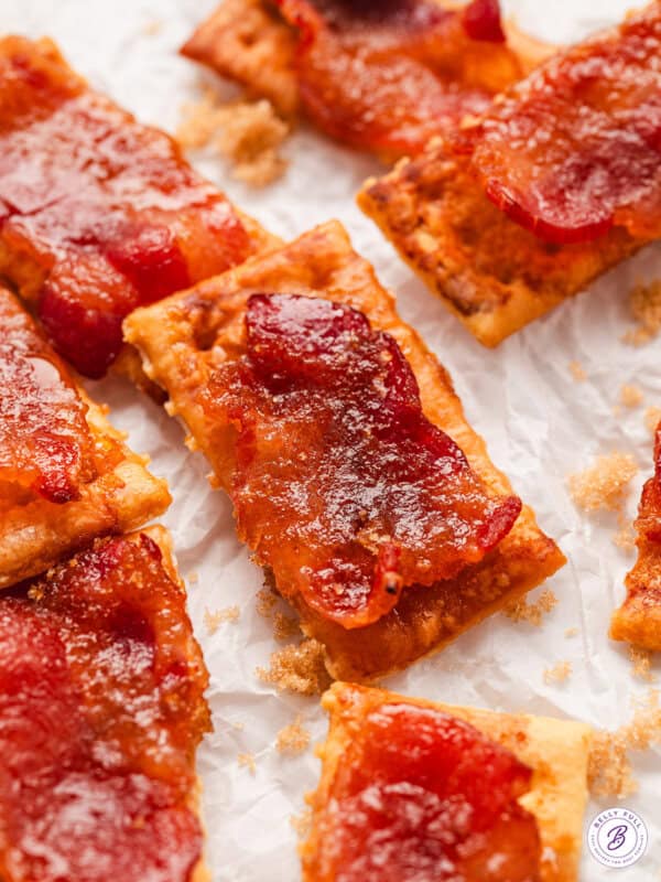Close up of candied bacon crackers