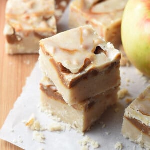 2 squares of stacked caramel fudge