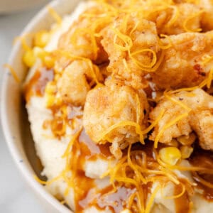 Close up of a KFC mashed potato bowl