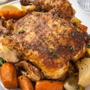 cooked whole chicken with Italian spice rub and charred skin