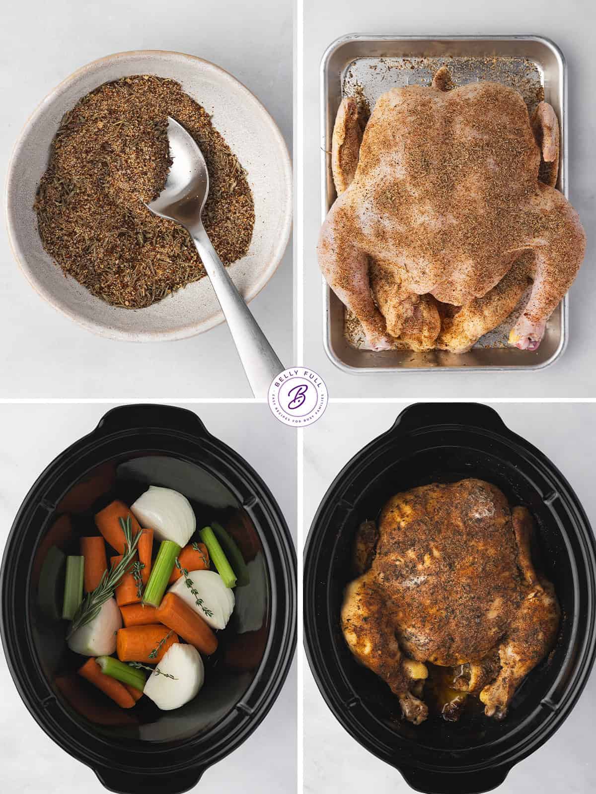 4 image step by step how to make a whole chicken in the crockpot