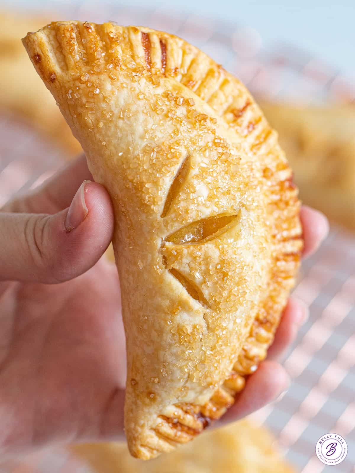 close up hand holding triangle apple hand pie