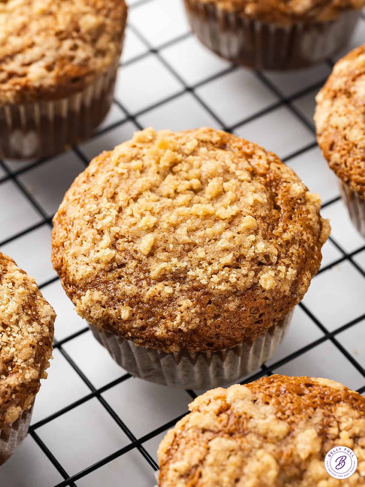 These Banana Crumb Muffins feature an irresistible cinnamon brown sugar topping on an ultra-moist muffin. Quick and easy! Banana muffins with crumb topping on a cooling rack