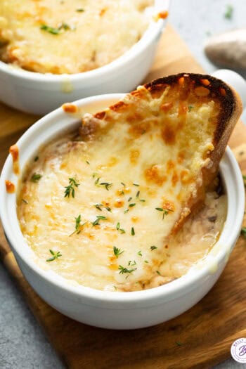 overhead soup bowl with melted cheese covered bread