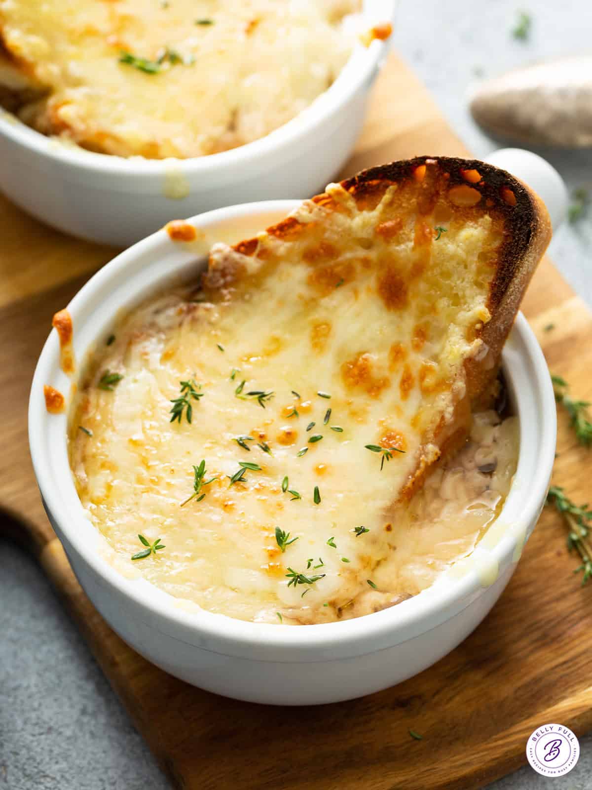 overhead soup bowl with melted cheese covered bread