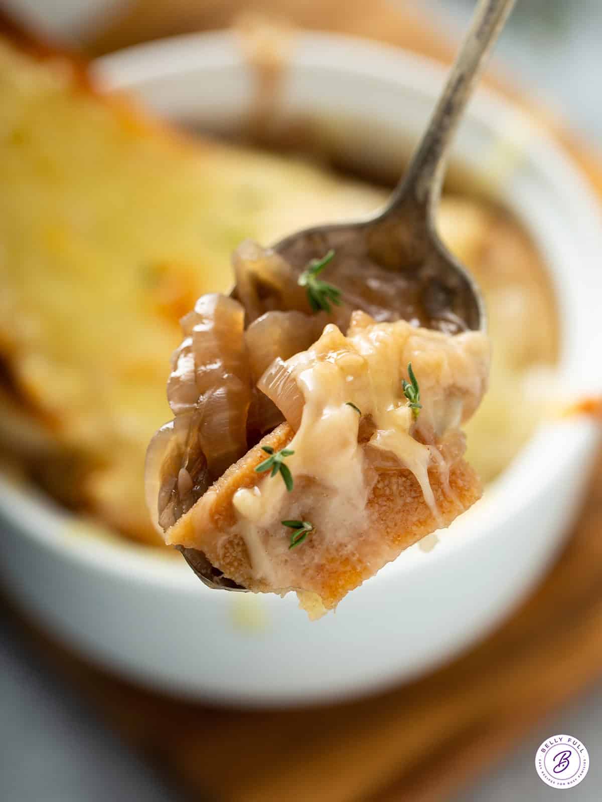 Spoonful of melted cheese, caramelized onions, and toasted bread