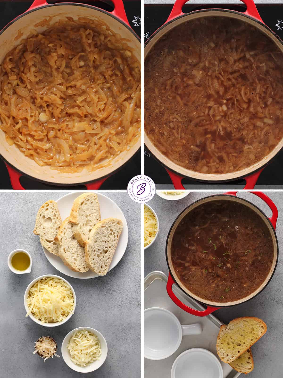 4 images step by step how to make French Onion Soup