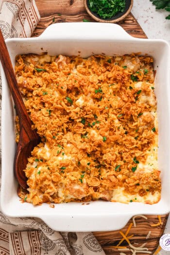 overhead casserole of cheesy funeral potatoes