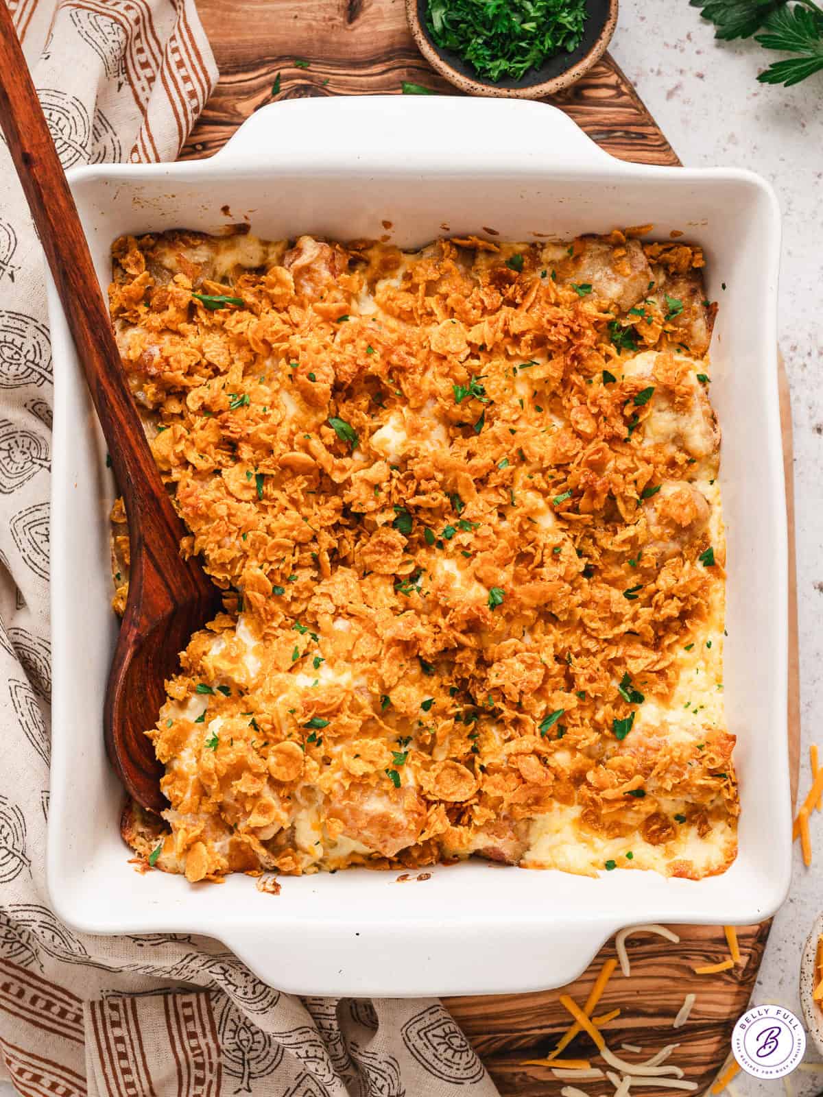 overhead casserole of cheesy funeral potatoes