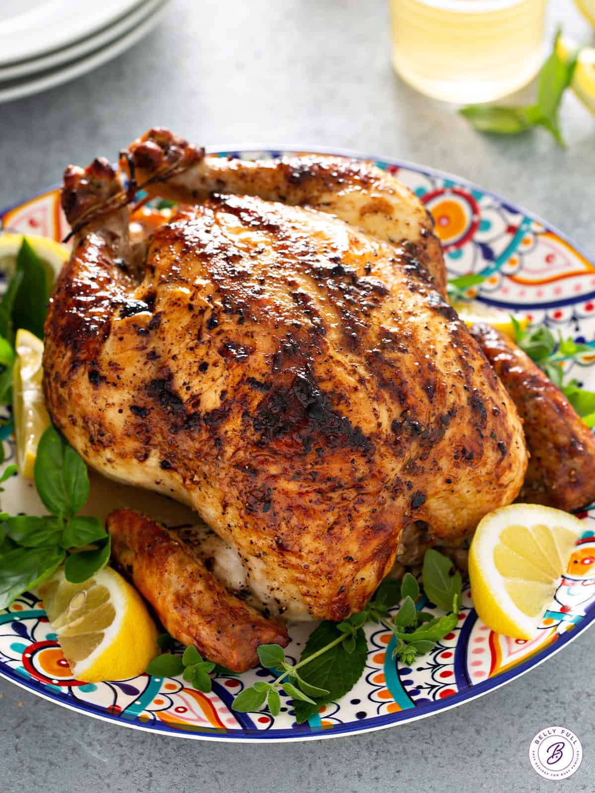 whole roast chicken on serving platter