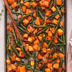 Overhead view of roasted sweet potatoes and green beans