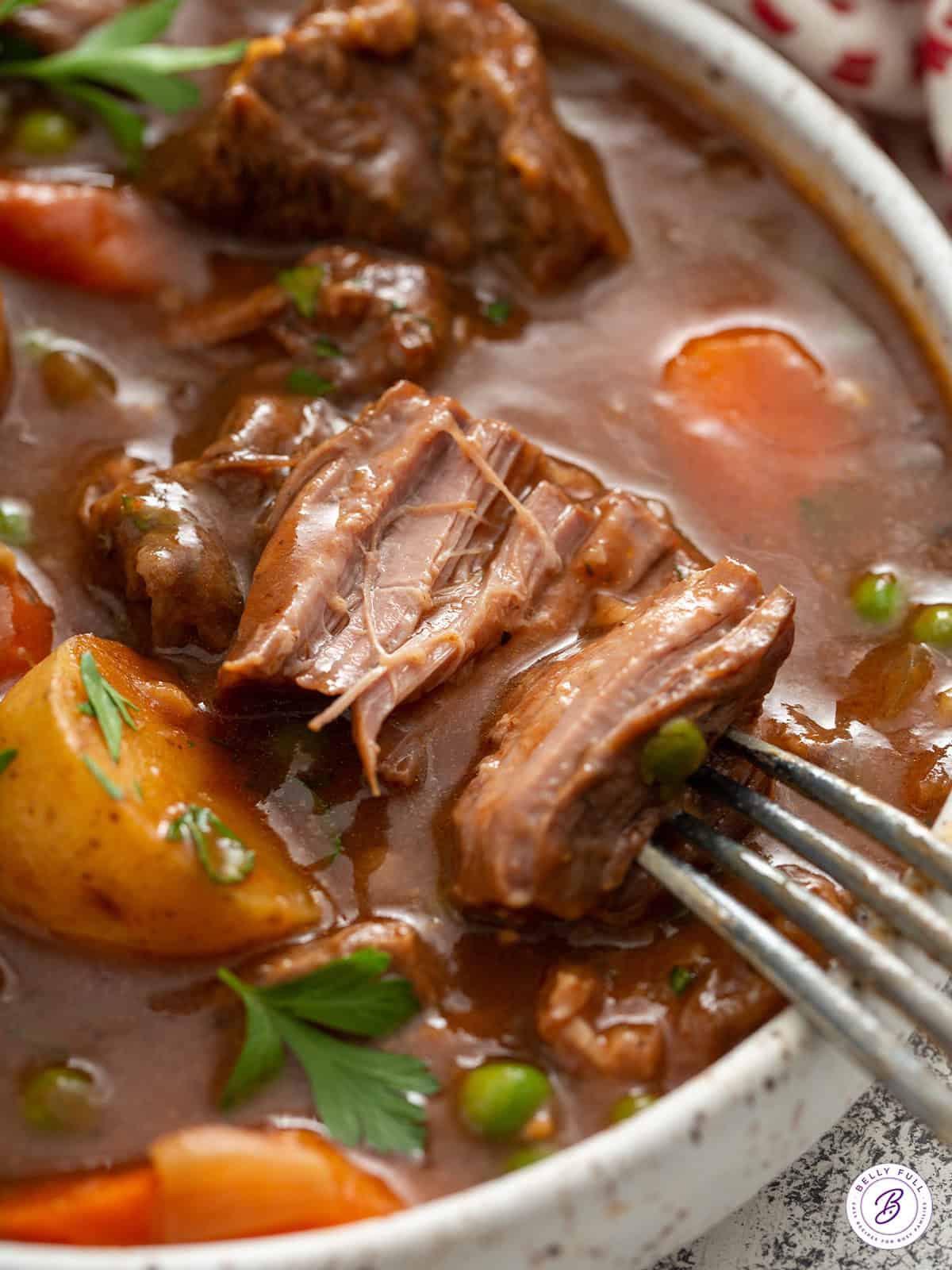 tender piece of stew meat being shredded with fork