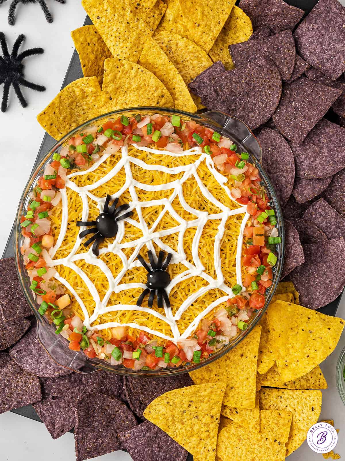 overhead 5 layer spiderweb dip with tortilla chips