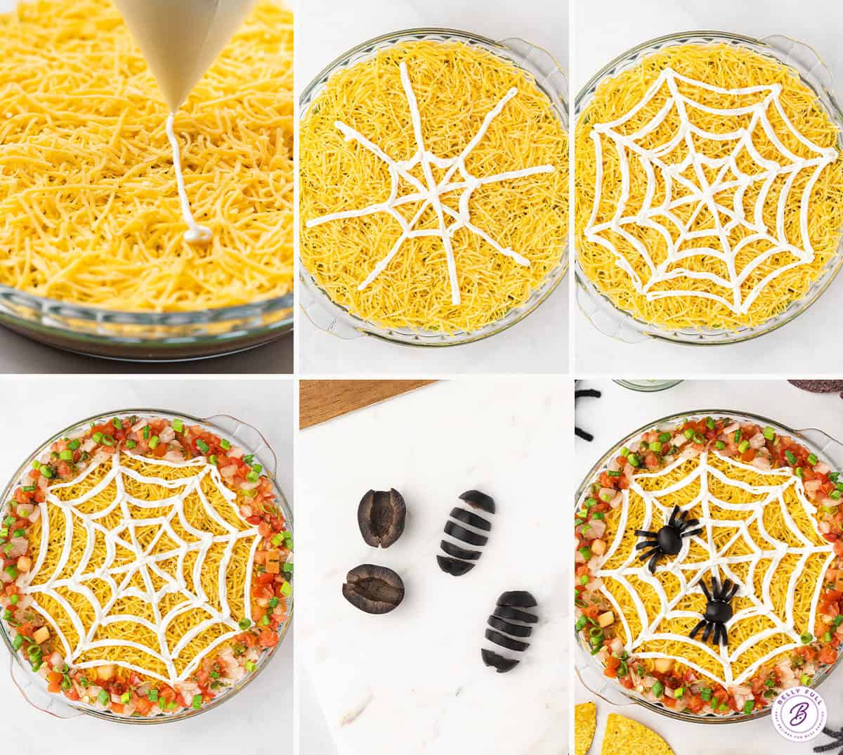 step by step how to make sour cream spider web and black olive spiders